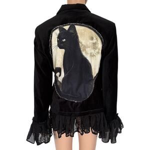 Upcycled Whimsigoth Black Blazer Black Cat Moon Art Lace Ruffle Jacket 10 Witchy